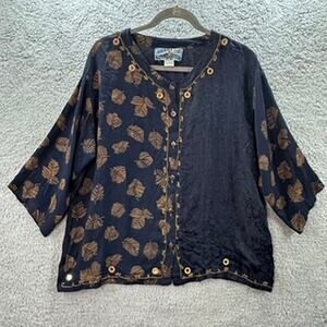 Tienda Ho Women's Free Size Button Up Blouse Leaf Pattern Reflective Sequins Art